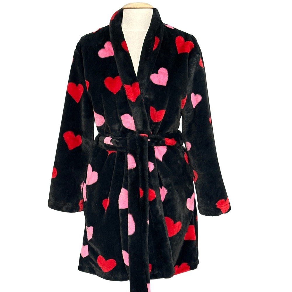 Kate Spade Womens Bathrobe M Black Plush Wrap Tie Red Pink Hearts Loungewear